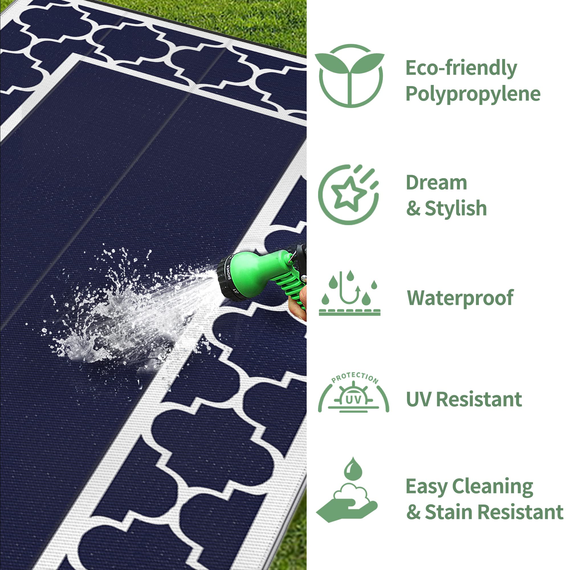 GENIMO Outdoor Rug packaging displaying size and features