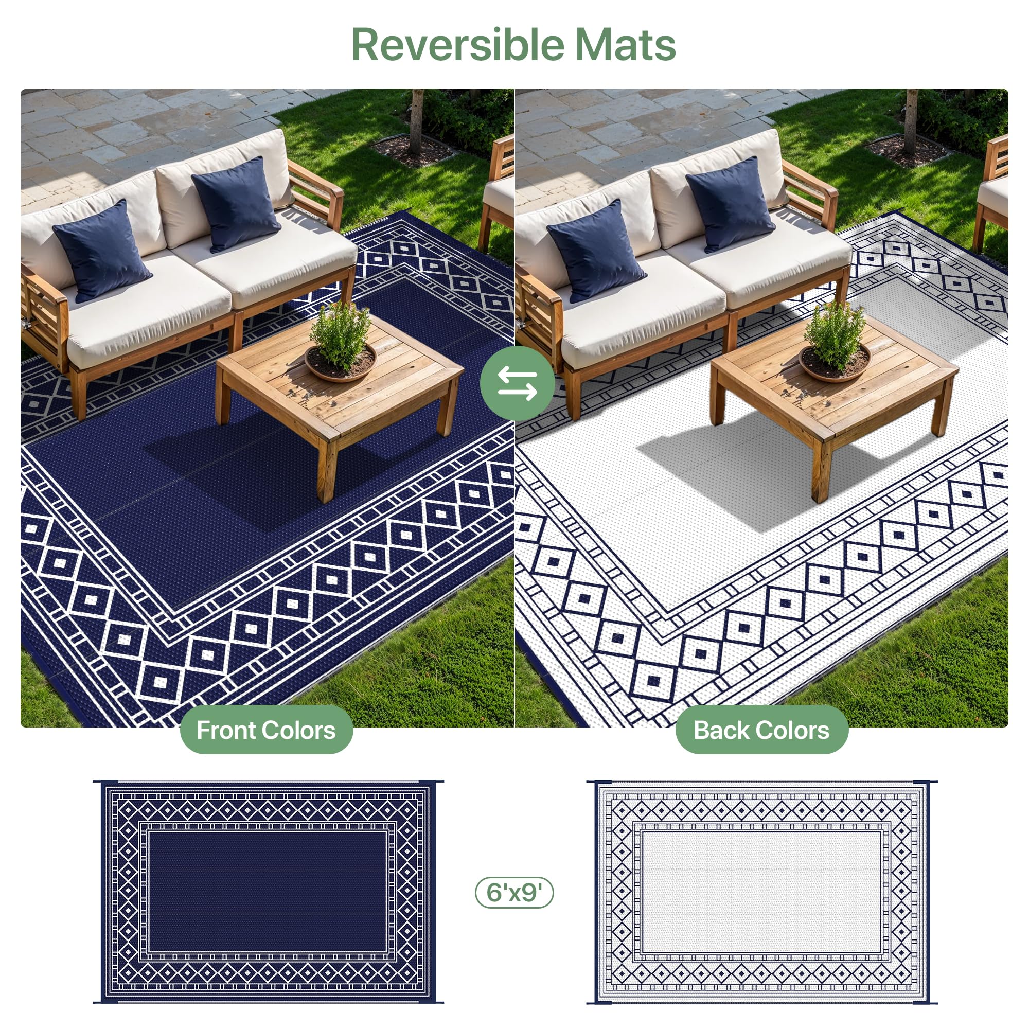 GENIMO outdoor rug rolled up for easy transport