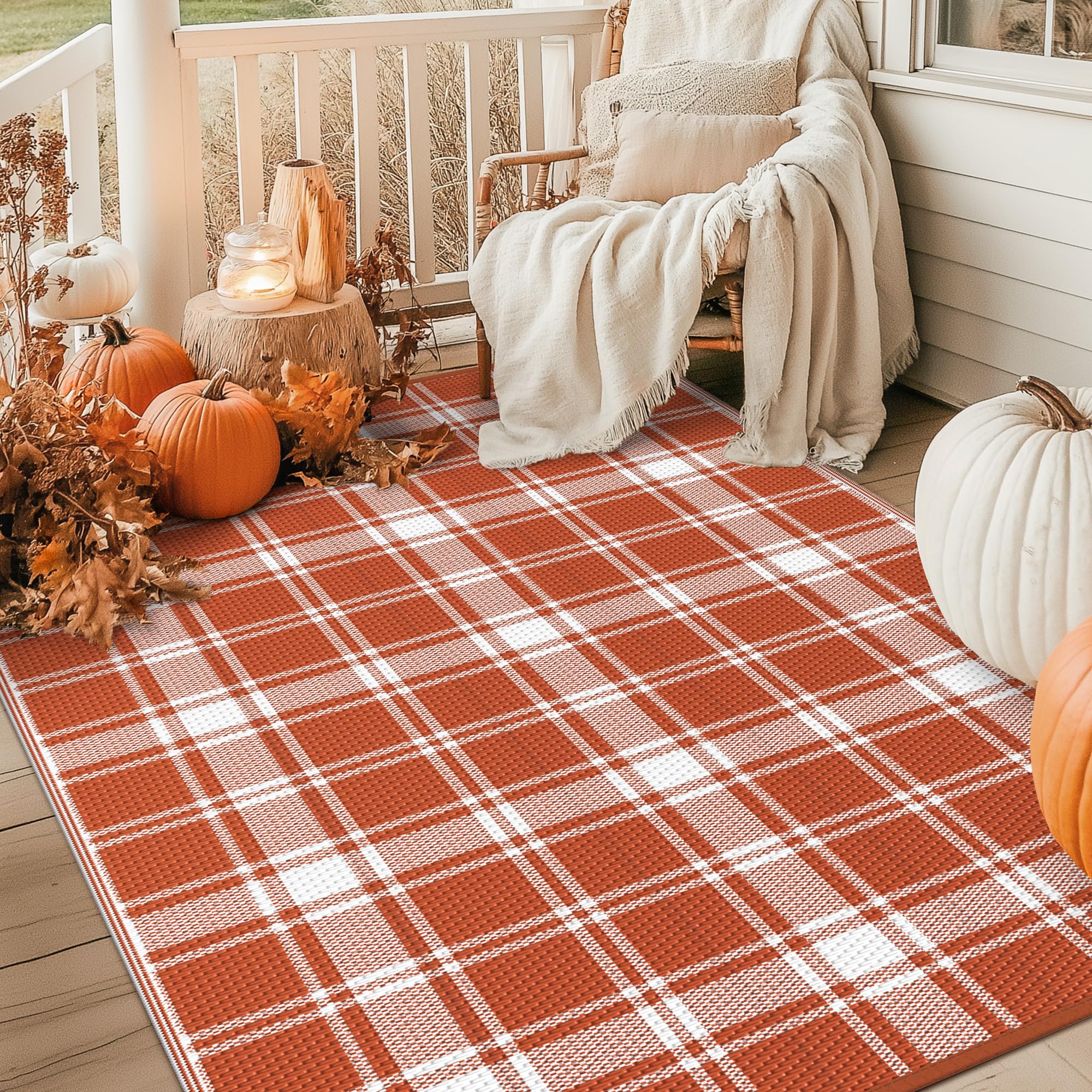 GENIMO Outdoor Rug set up on a patio with furniture