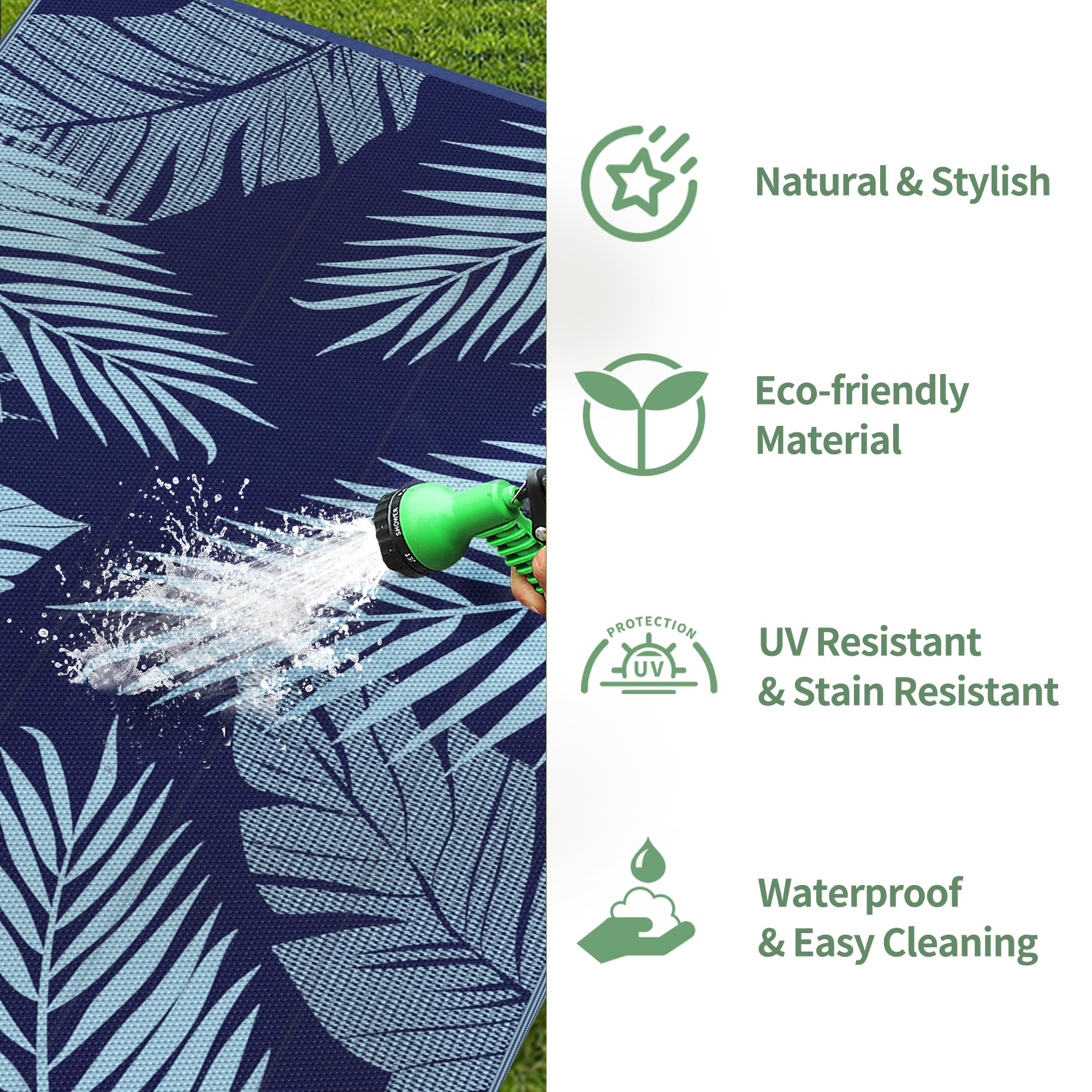 GENIMO Outdoor Rug showing reversible palm leaf pattern