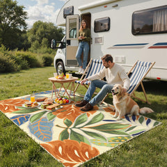 GENIMO Outdoor Rug with oversized floral patterns on a patio