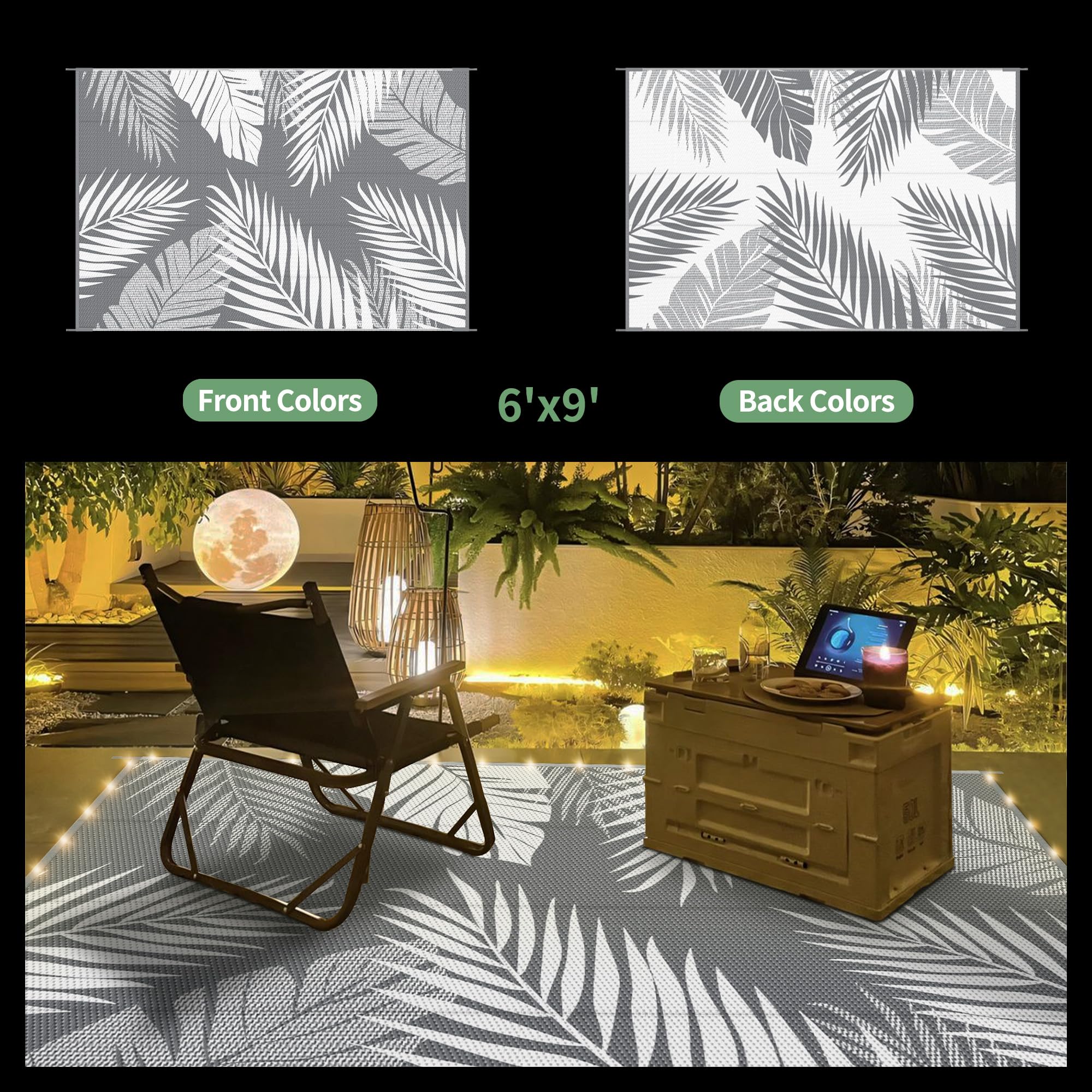 GENIMO Outdoor Rug with palm leaf design, back view