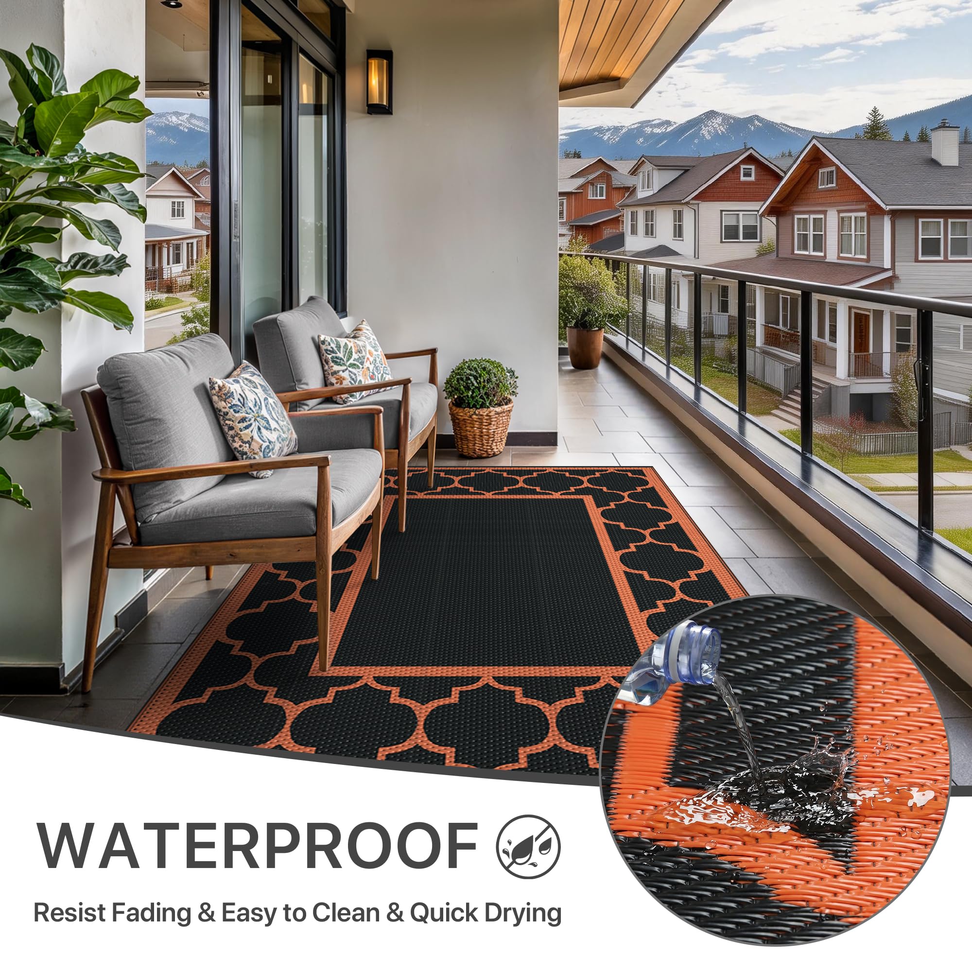 GENIMO Outdoor Rug with vibrant colours on a deck