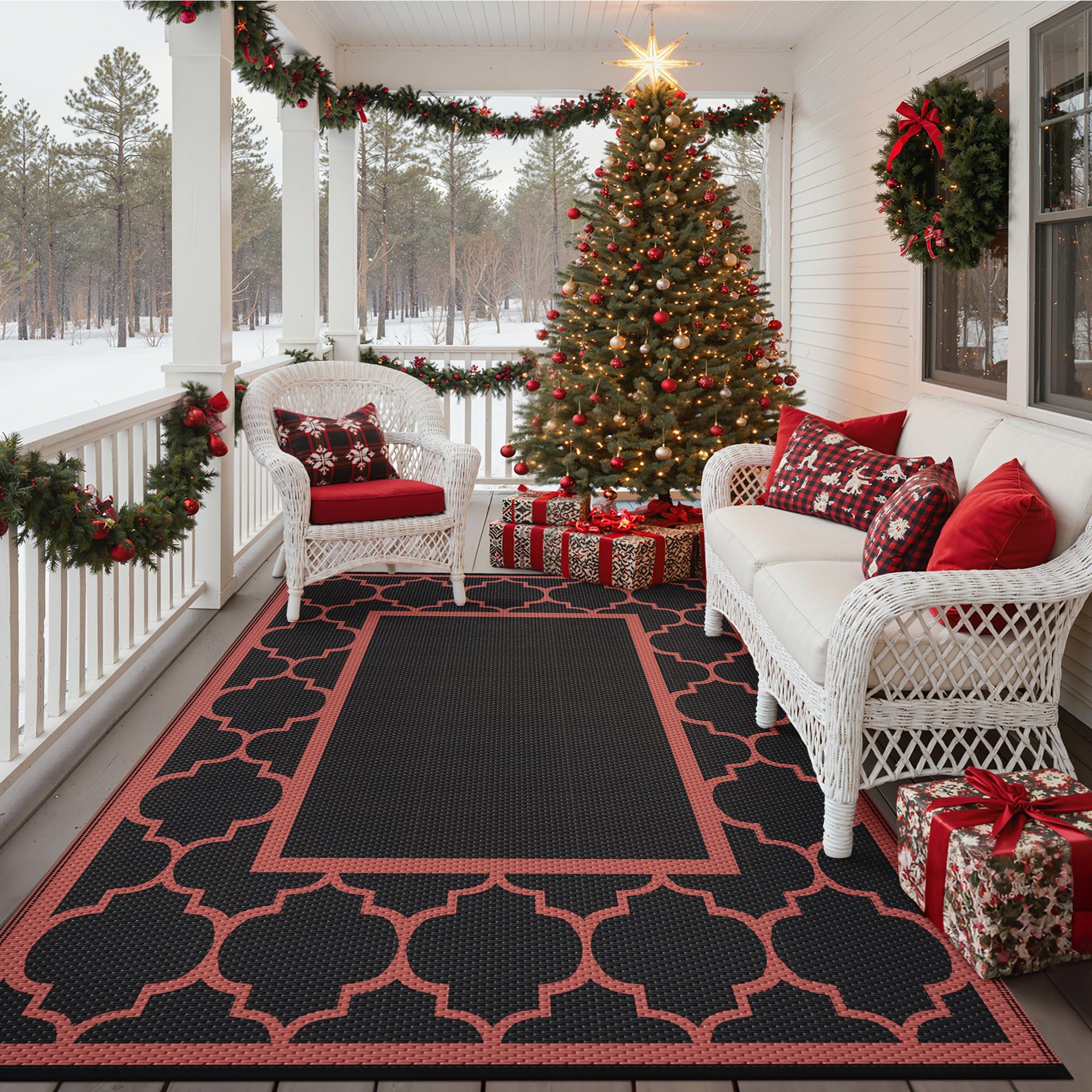 GENIMO Reversible Rug showing both sides in outdoor setting