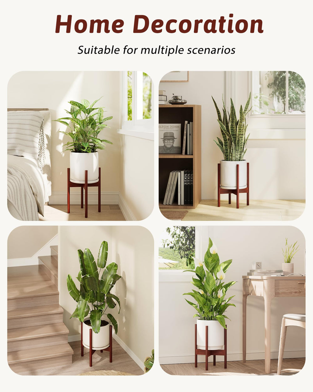 GENTINGBRO Adjustable Bamboo Plant Stand with decorative plants