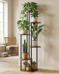 GENTINGBRO Corner Plant Stand 6 Tier Brown Oak front view