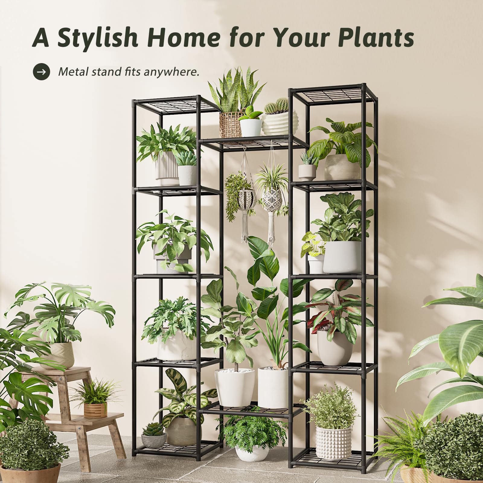 GENTINGBRO Metal Plant Stand displayed in a lush garden setting