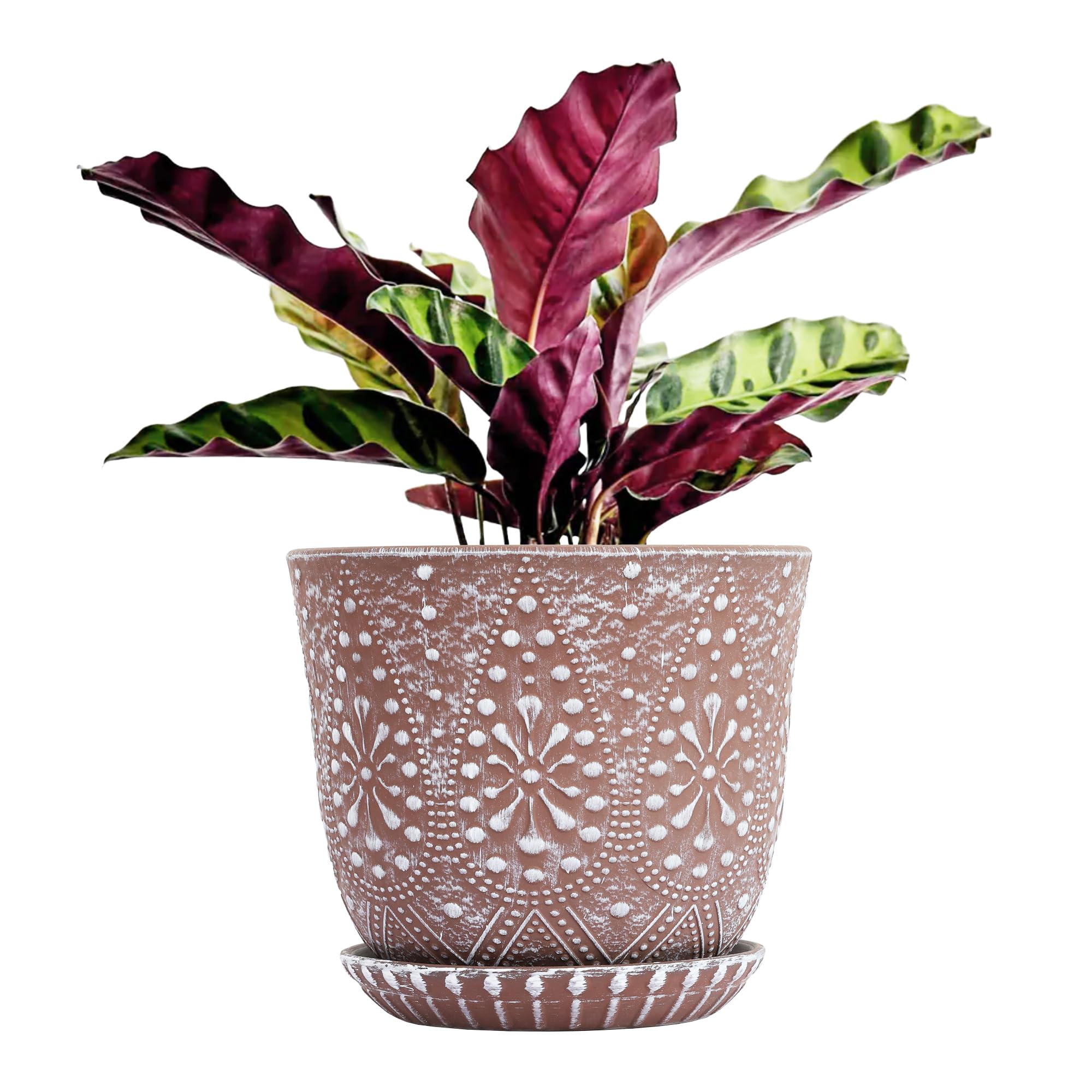Gepege 8 Inch Ceramic Plant Pot with drainage hole and saucer, clay and white