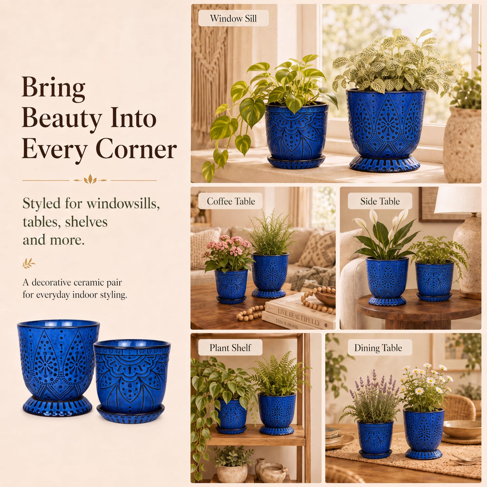 Gepege blue ceramic pot set on a windowsill