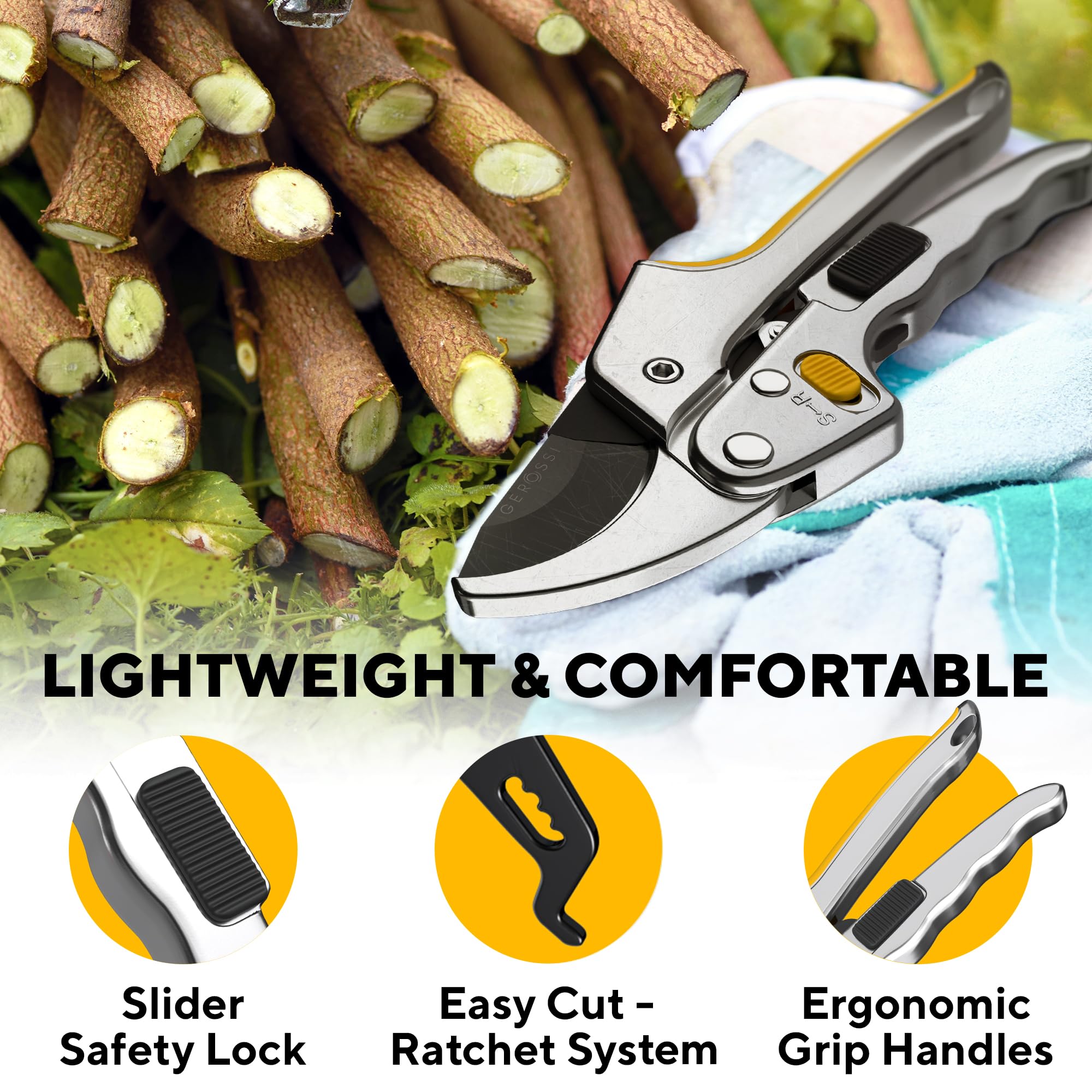 GEROSSI pruning shears on a garden table with various plants