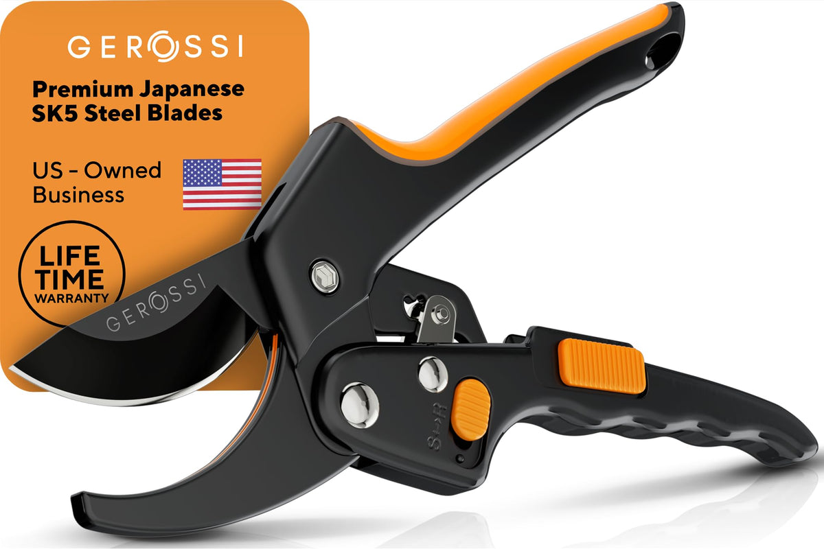 GEROSSI Ratchet Pruning Shears front view with orange handles