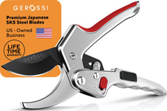 GEROSSI Ratchet Pruning Shears front view with silver-red handles