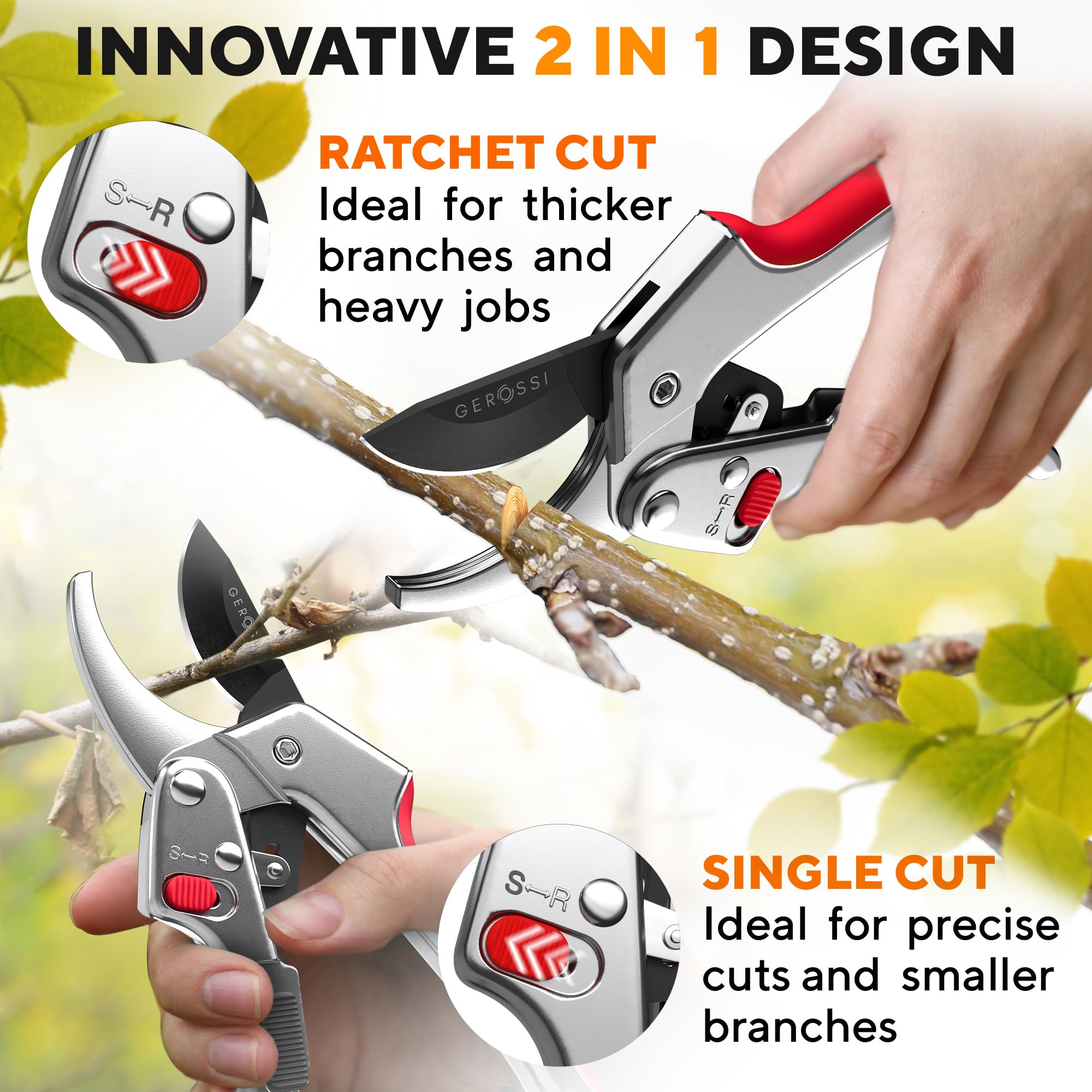 GEROSSI Ratchet Pruning Shears in a garden setting with flowers