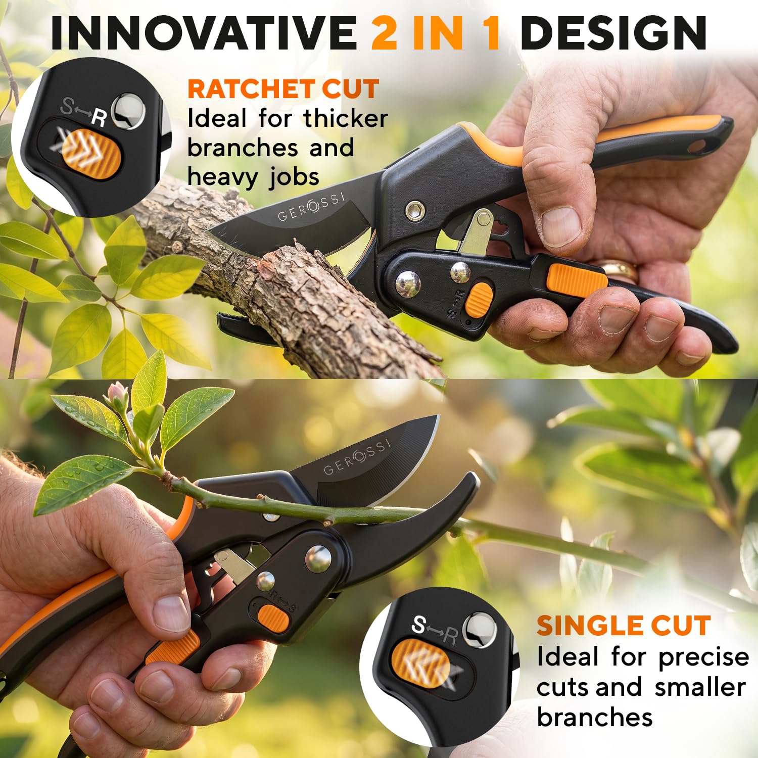 GEROSSI Ratchet Pruning Shears in a gardening setting