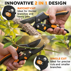 GEROSSI Ratchet Pruning Shears in a gardening setting