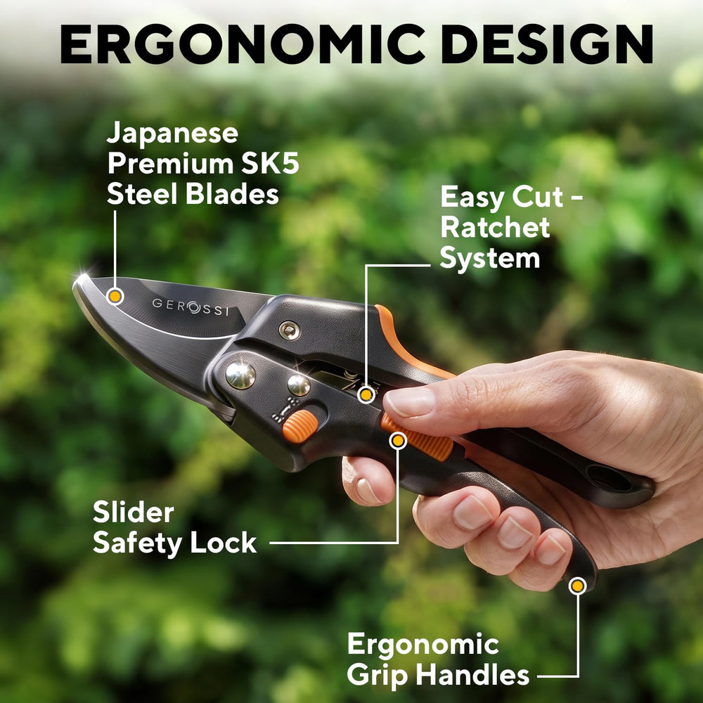 GEROSSI Ratchet Pruning Shears showing ergonomic grip