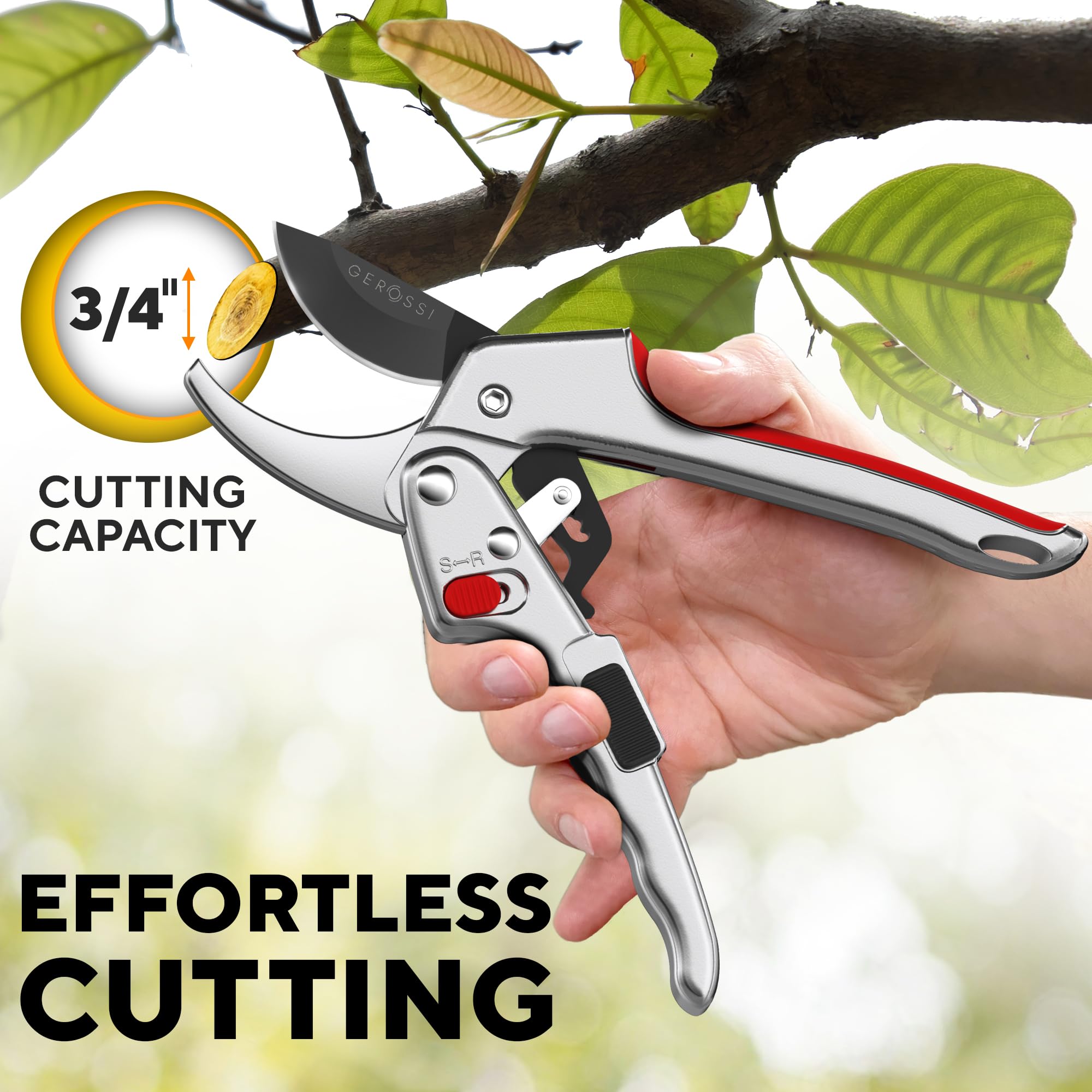 GEROSSI Ratchet Pruning Shears showing ratchet mechanism close-up