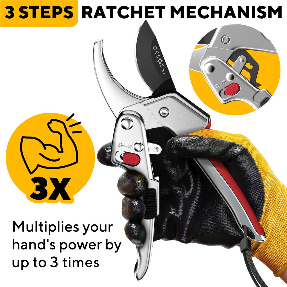 GEROSSI Ratchet Pruning Shears side view highlighting sharp blade