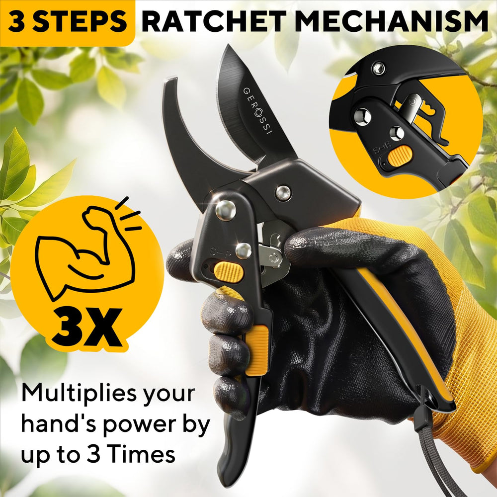 GEROSSI Ratchet Pruning Shears with safety lock engaged