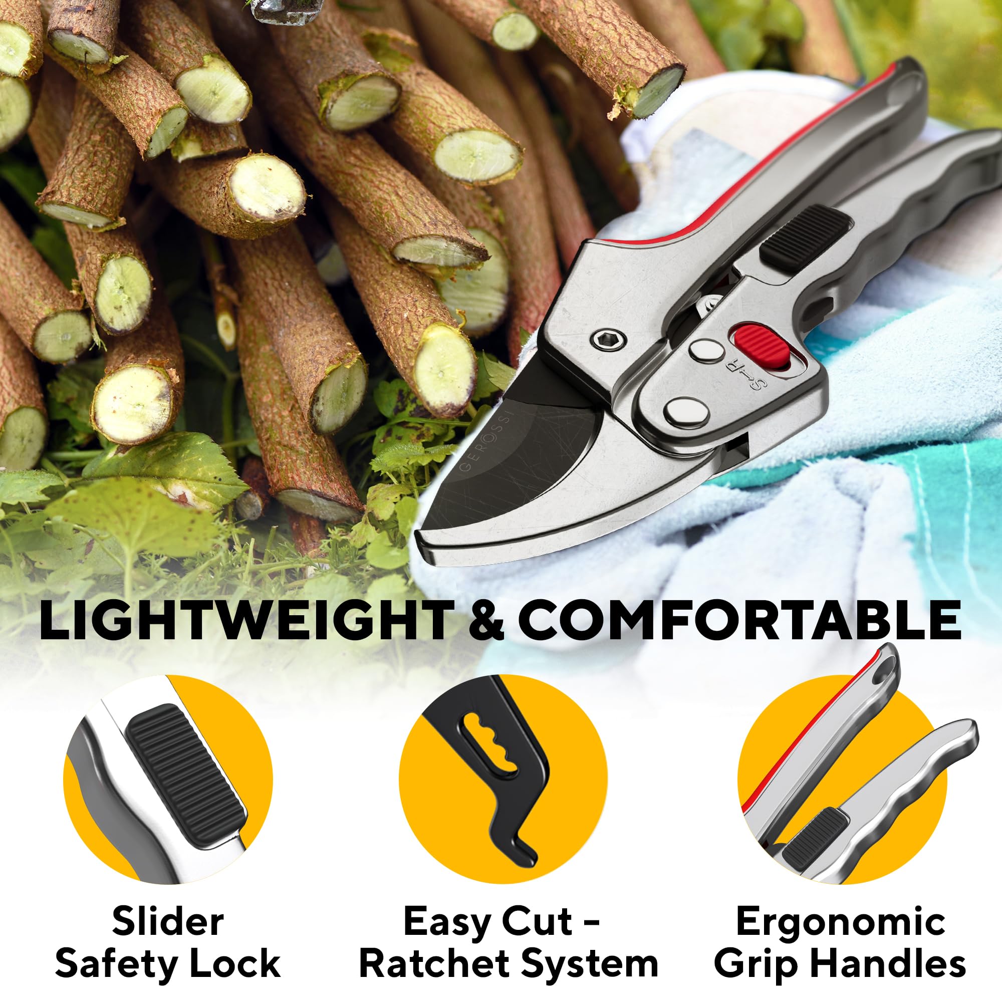 GEROSSI Ratchet Pruning Shears with user manual and hang rope