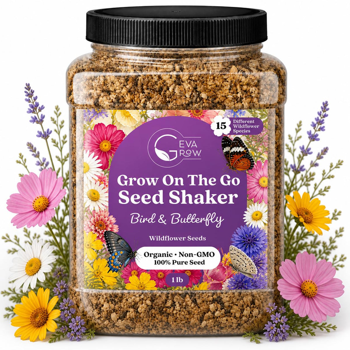 GevaGrow Bird and Butterfly Wildflower Seed Mix 1 lb jar front view