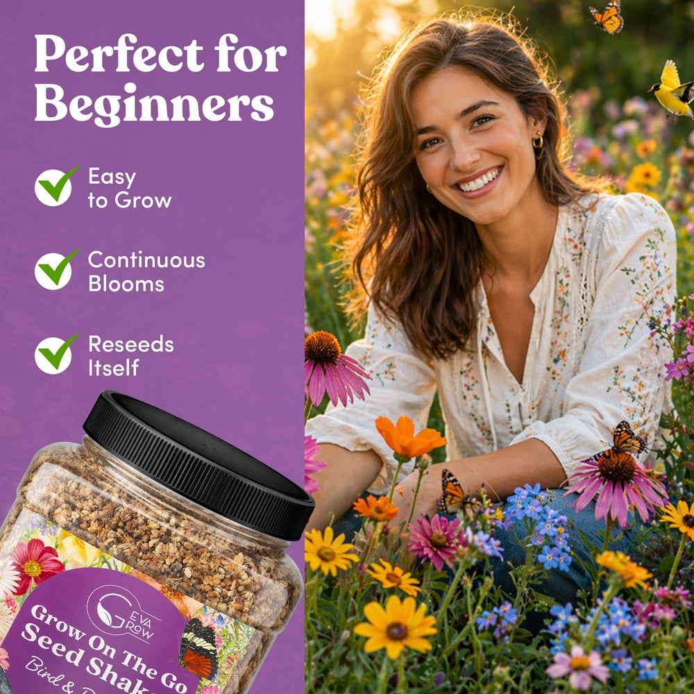 GevaGrow wildflower mix jar with colorful blooming flowers in the background