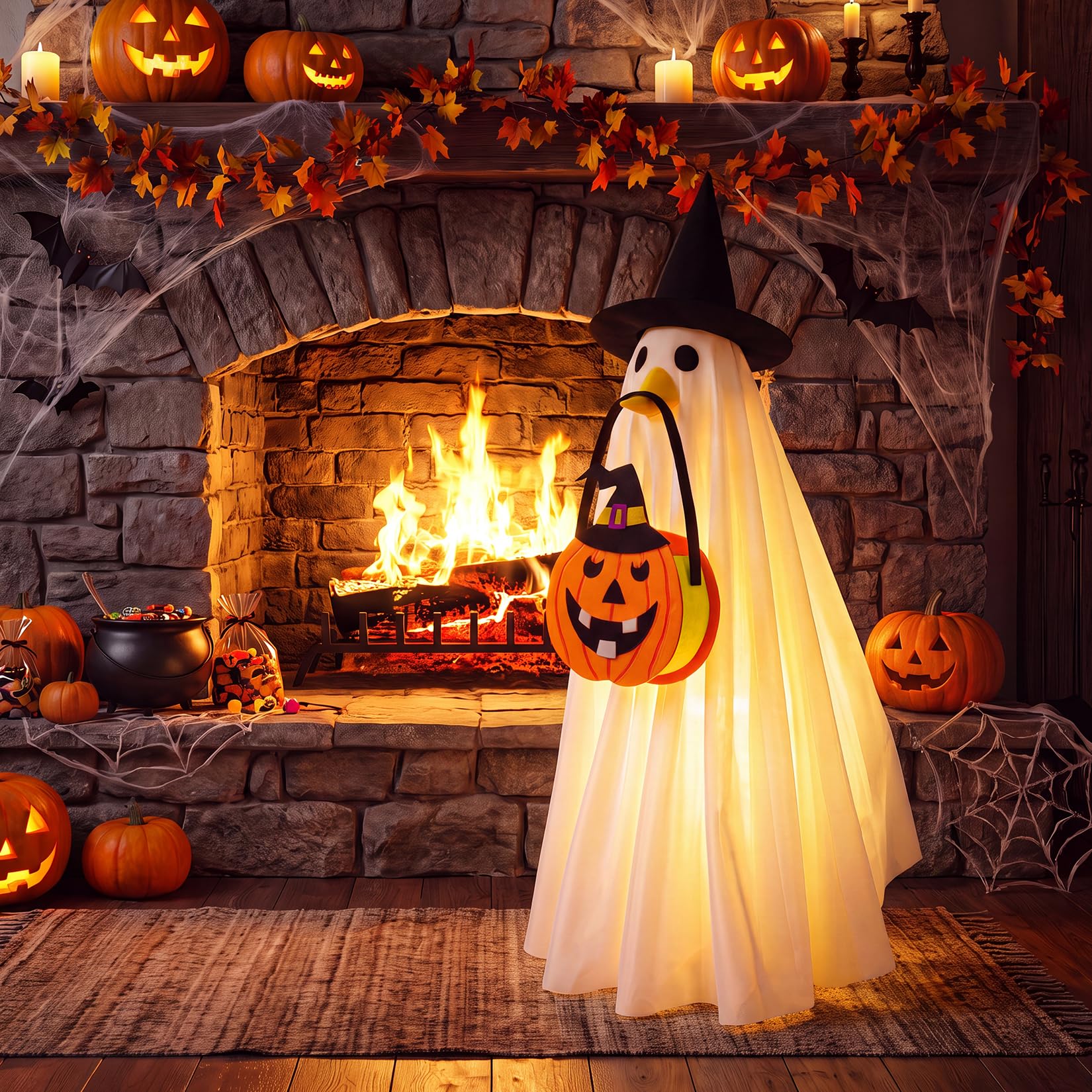 Ghost cape with black eyes and witch hat for Halloween decor