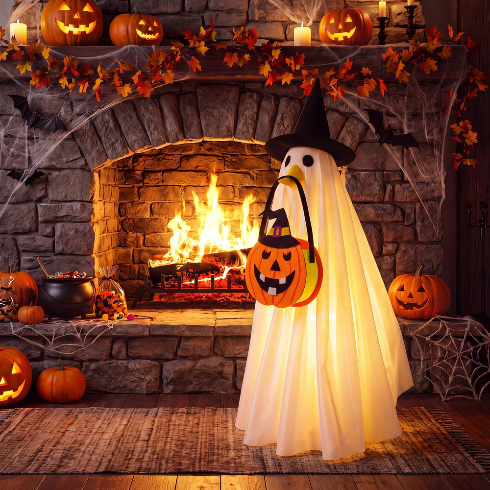 Ghost cape with black eyes and witch hat for Halloween decor