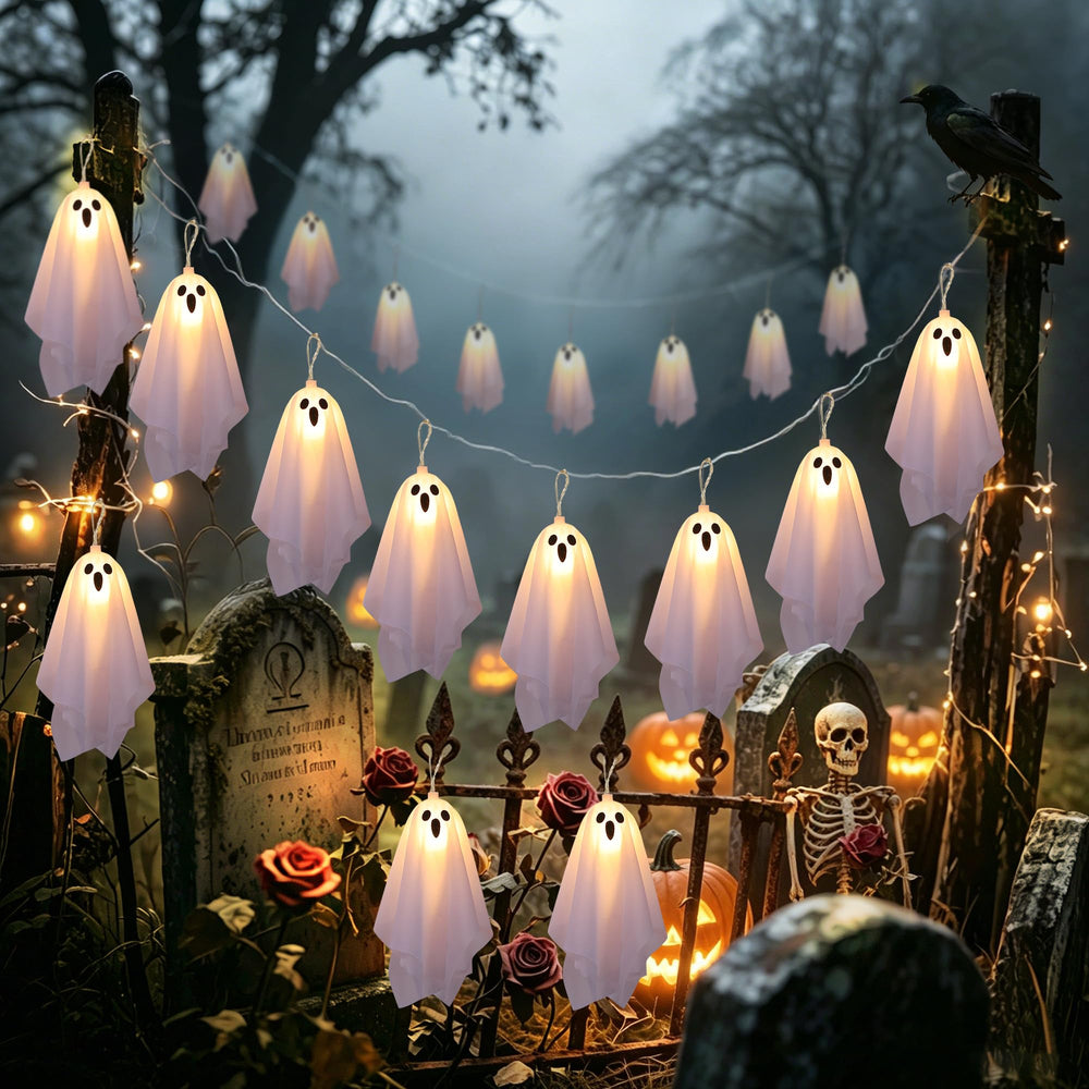 Ghost lights displayed on a fireplace mantel