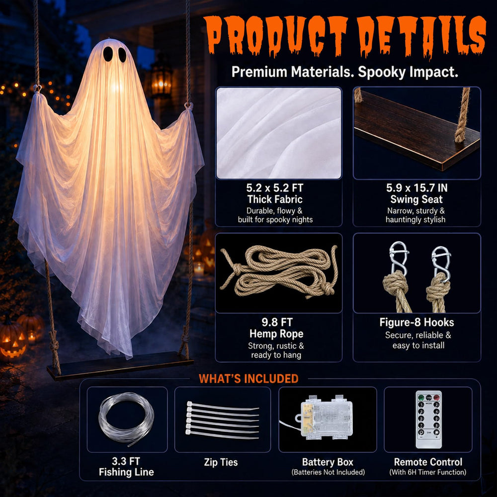 Ghost swing decoration displayed in a haunted house setup