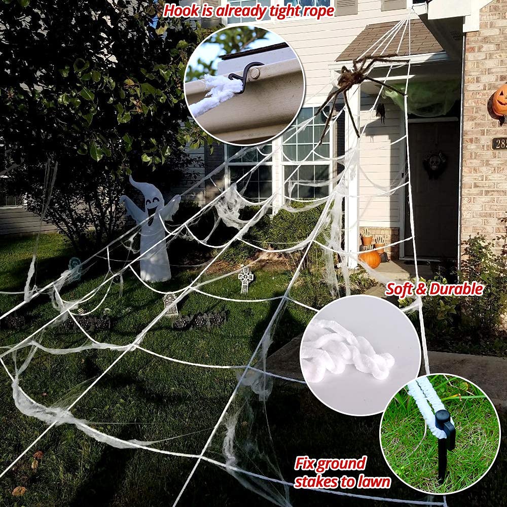 Giant spider web attached to a front porch