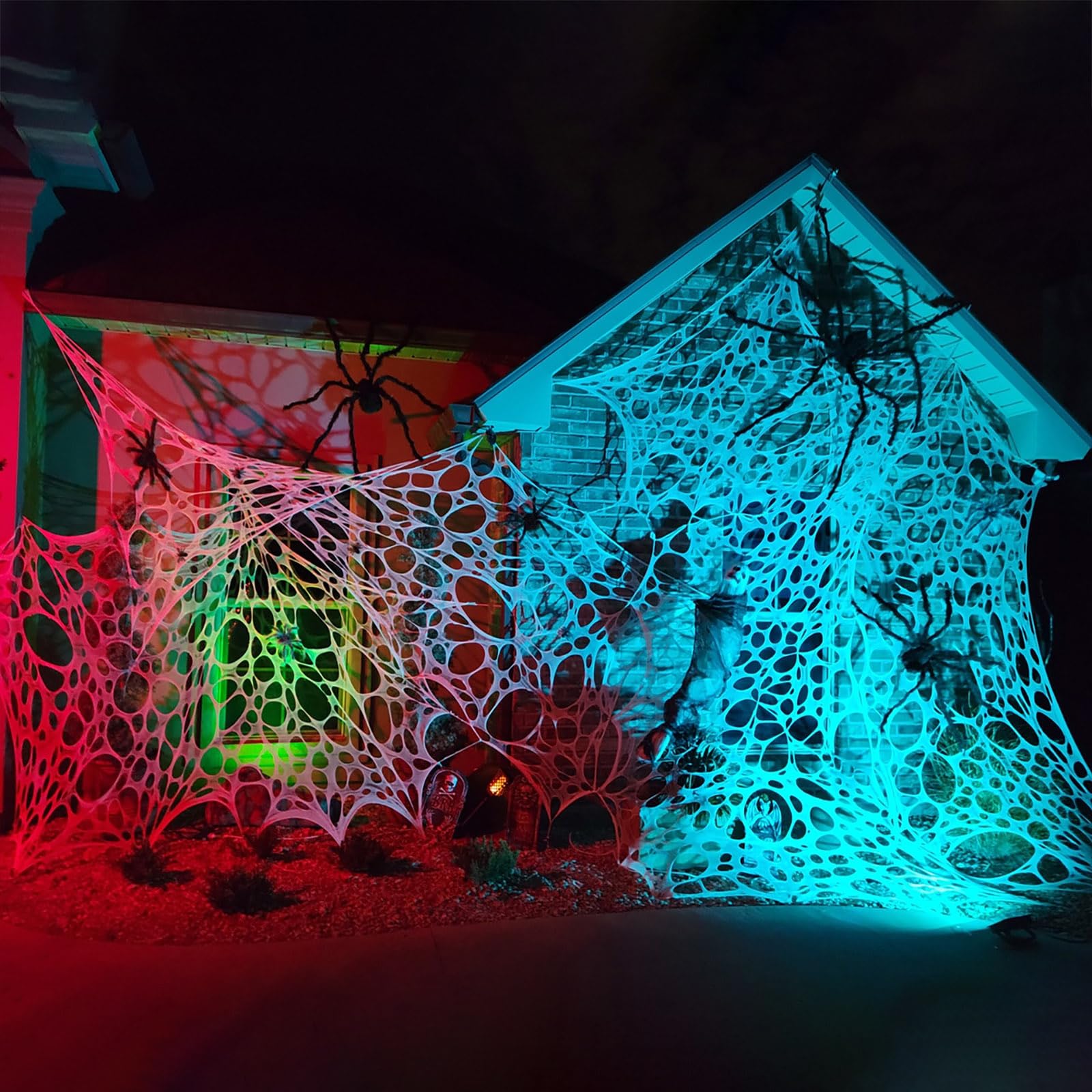 Giant spider web covering garden area for Halloween