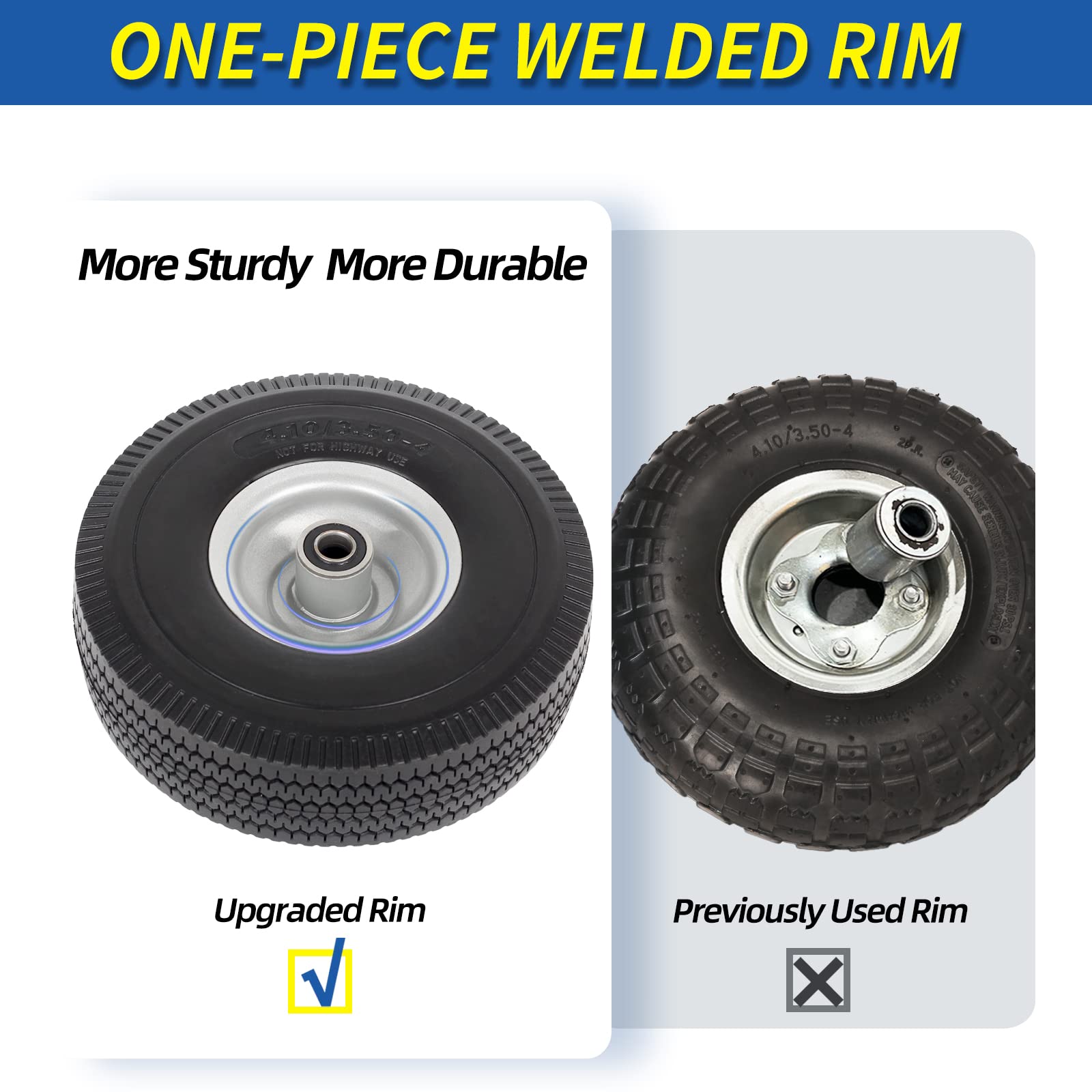 GICOOL Flat Free Tire and Wheel 4.10/3.50-4 with measurements