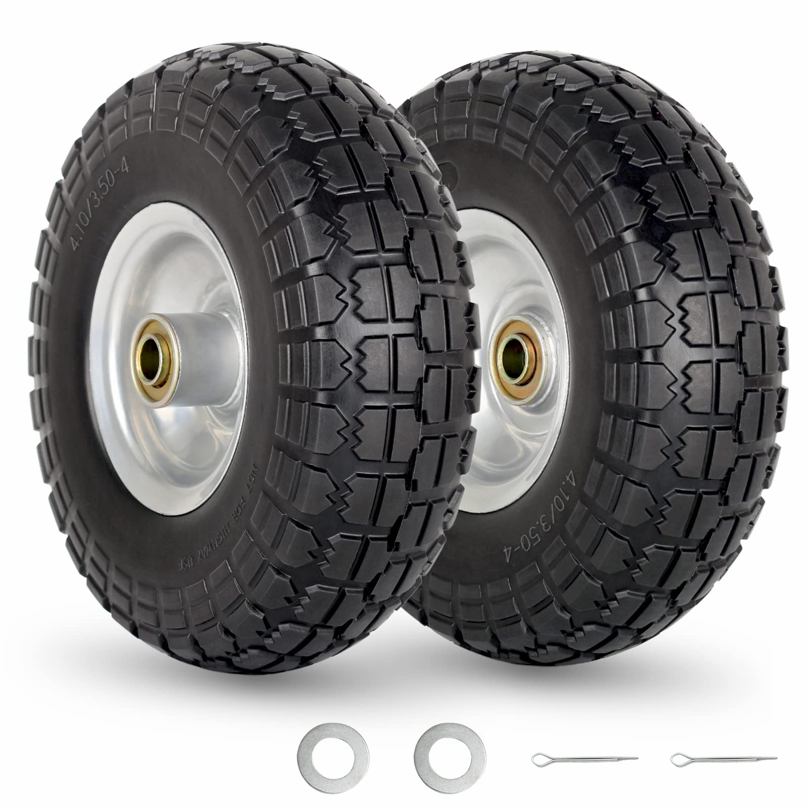 GICOOL Flat Free Tire and Wheel set 4.10/3.50-4 front view