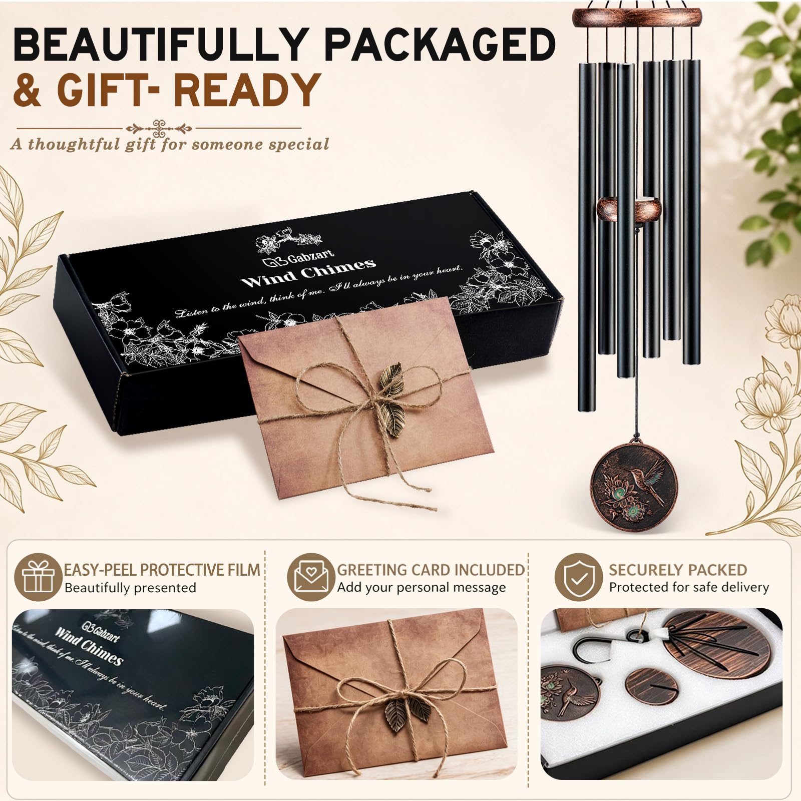 Gift box packaging of Gabzart wind chimes with vintage card