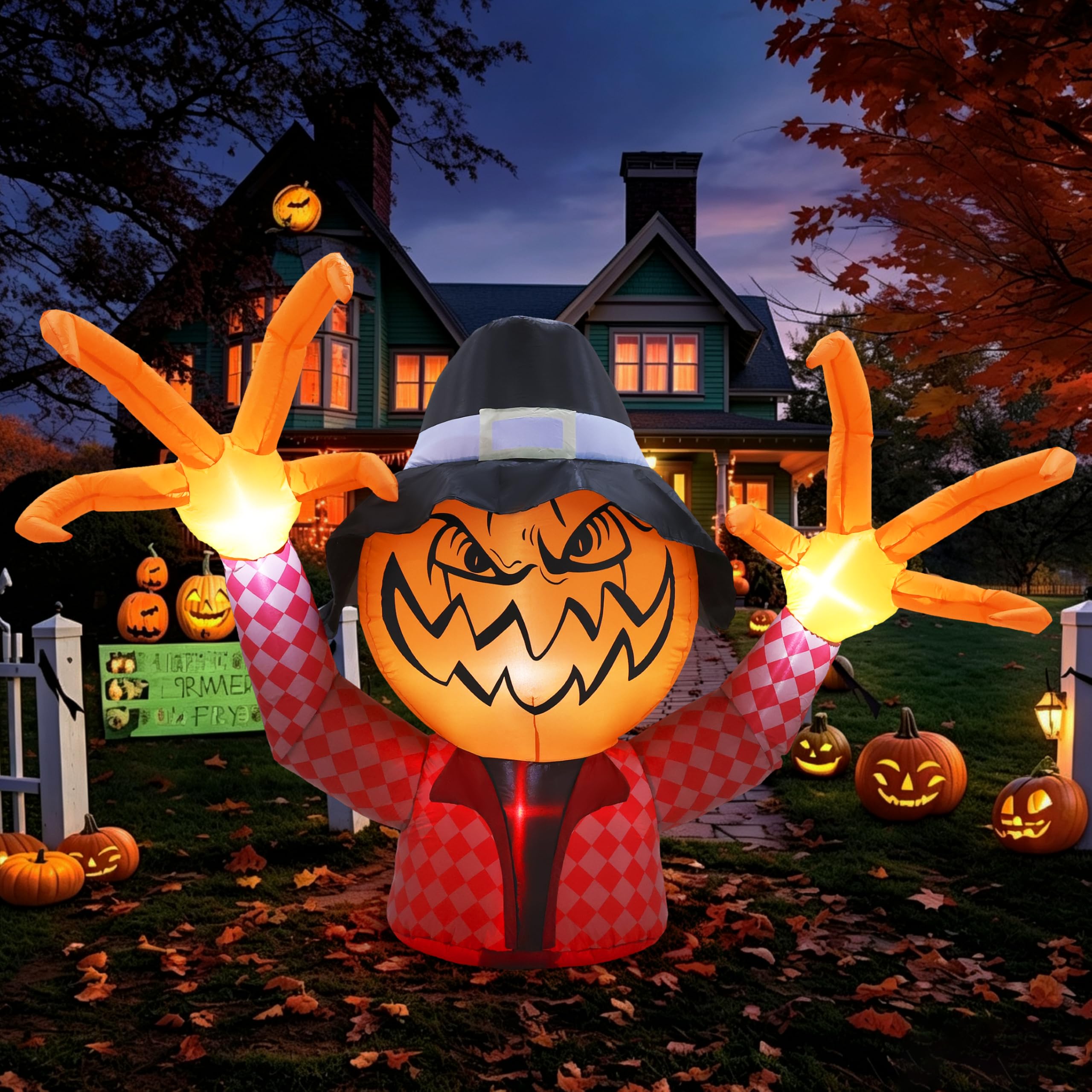 GIFTFIND Halloween Inflatable Pumpkin Monster with glowing face and oversized hands