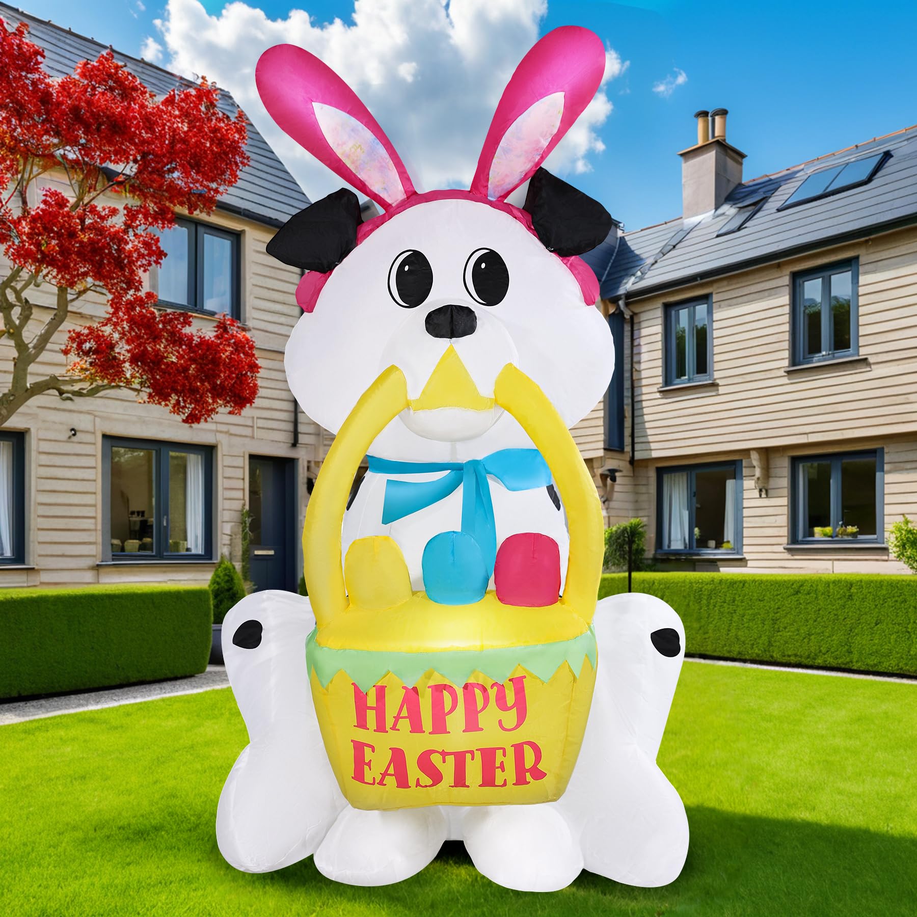 GIFTFIND inflatable dog secured with stakes and ropes