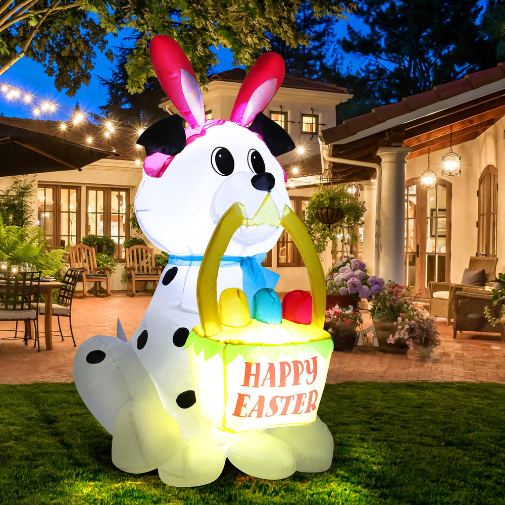 GIFTFIND inflatable dog with bunny ears in festive garden