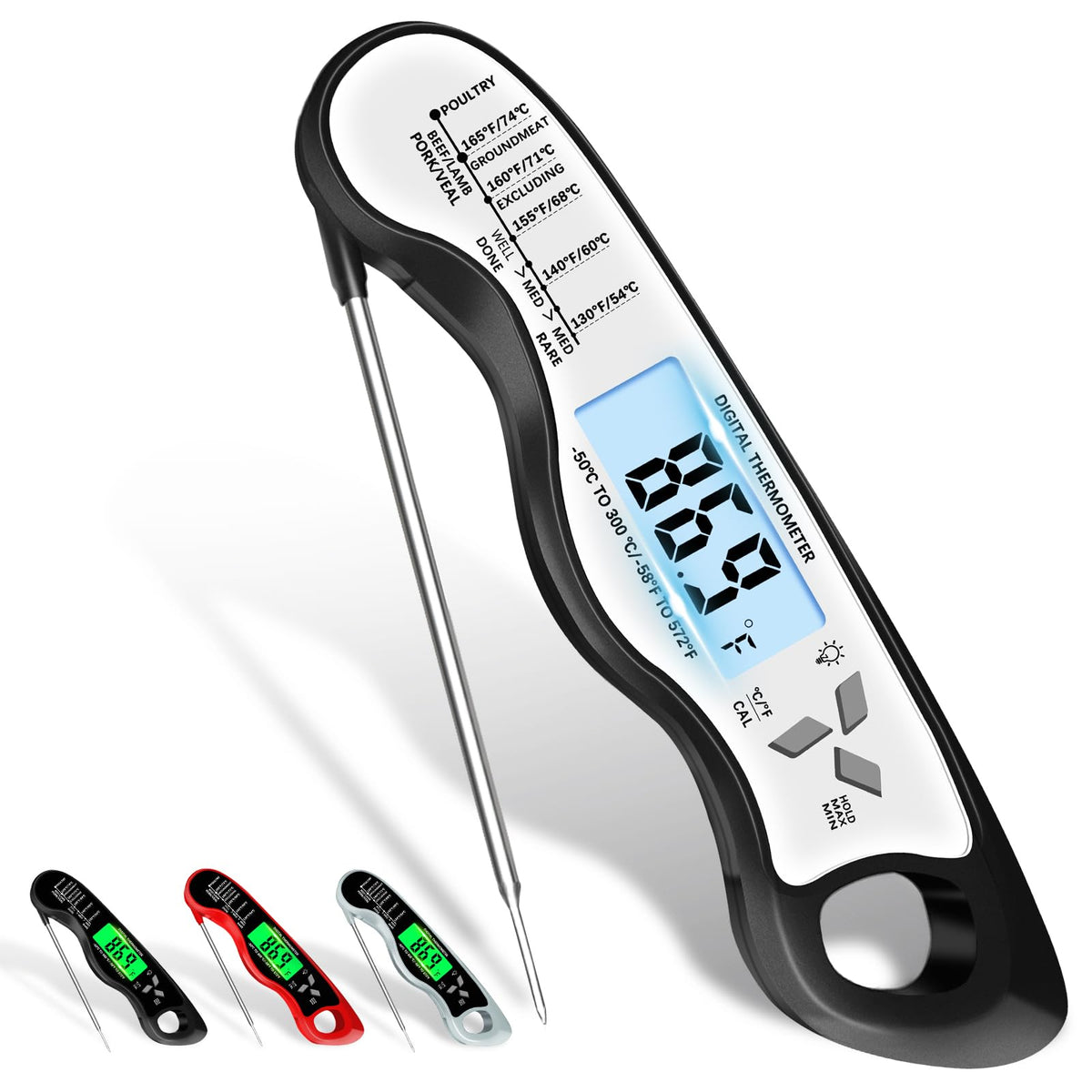 Giftsfaloy digital cooking thermometer front view with stainless steel probe