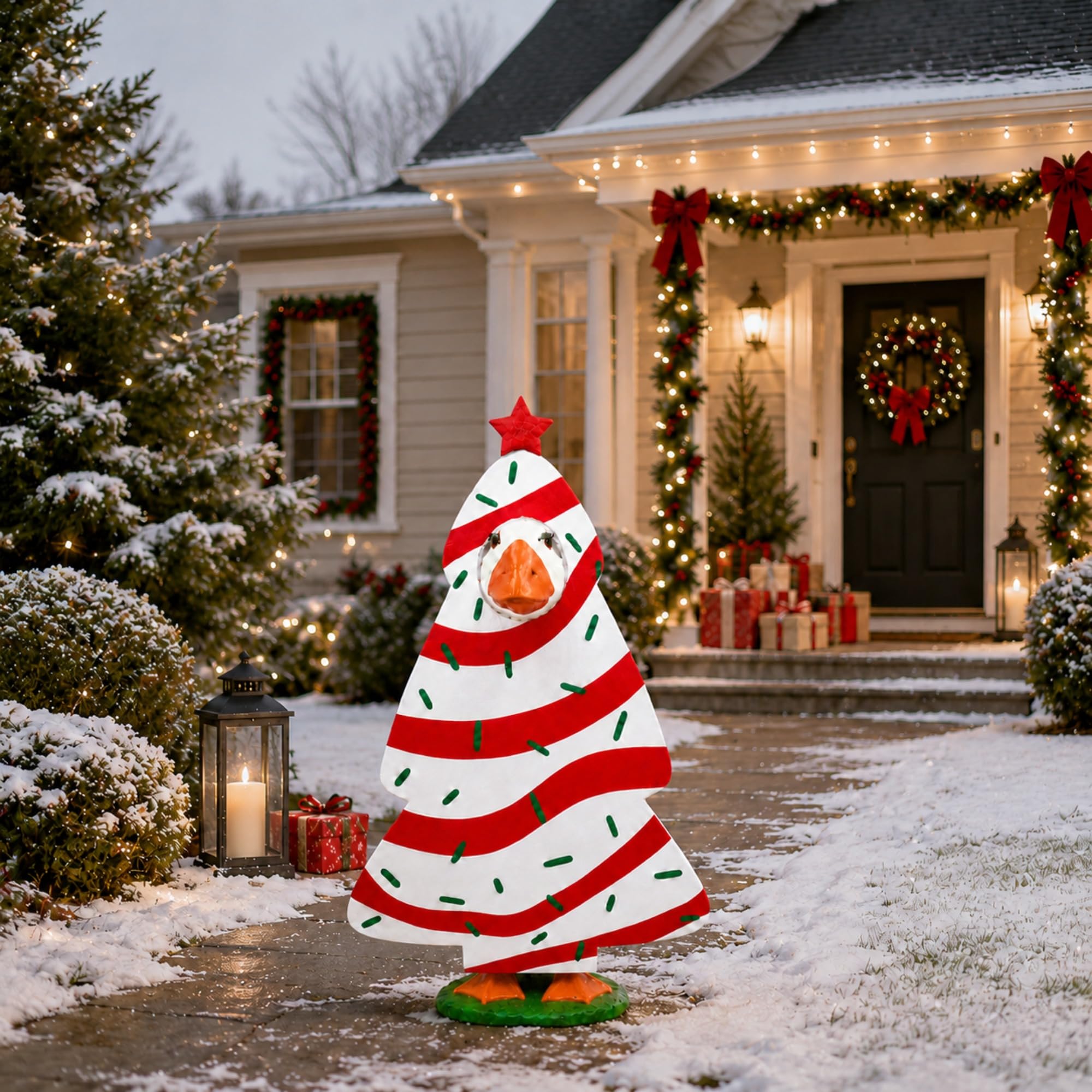 GigaCircle Christmas Tree Goose Outfit displayed on a garden porch