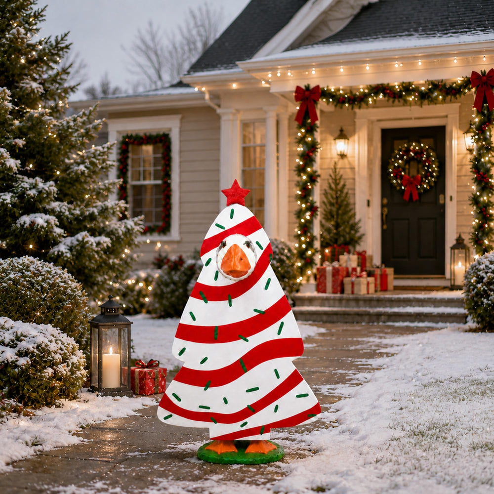 GigaCircle Christmas Tree Goose Outfit displayed on a garden porch