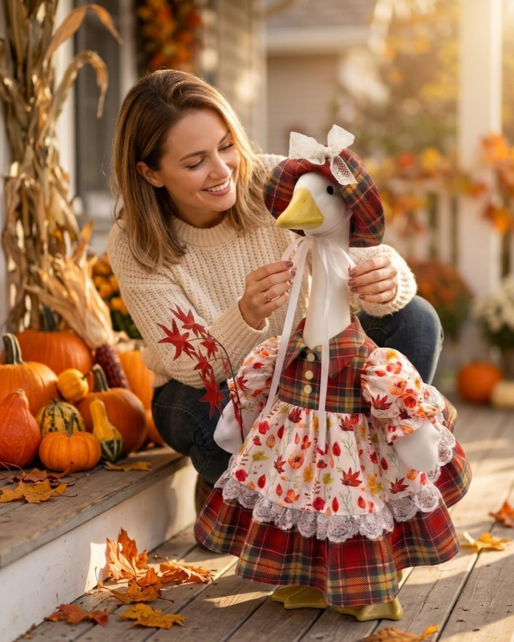 GigaCircle Fall Porch Goose Outfit in autumn garden setting