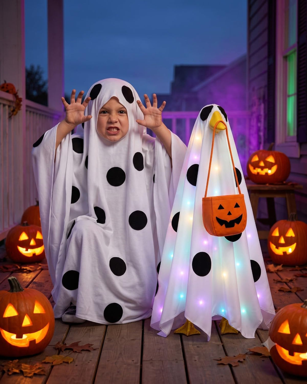 GigaCircle ghost costume with Halloween decorations around