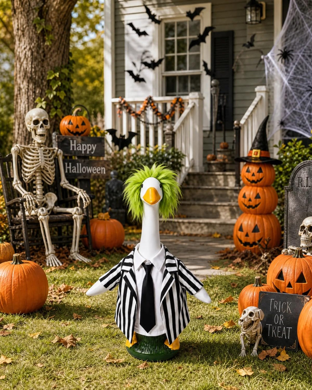 GigaCircle Halloween Goose Outfit on a porch with autumn decorations