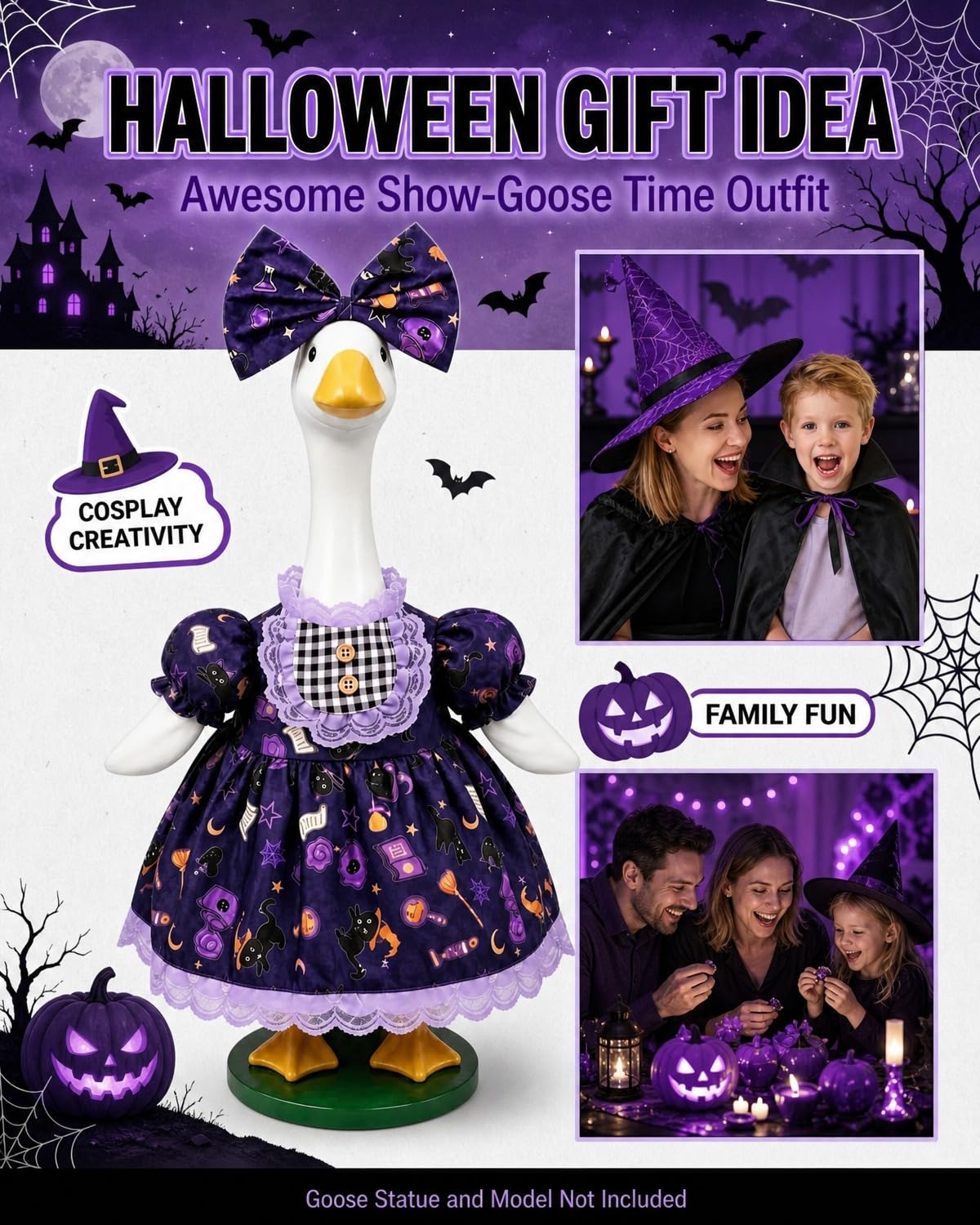 GigaCircle Halloween Porch Goose Outfit displayed on a goose statue