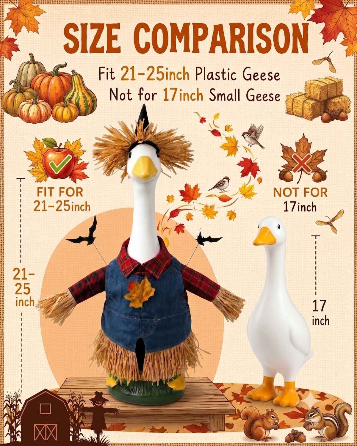 GigaCircle Scarecrow Goose Outfit showing red plaid shirt and denim overalls