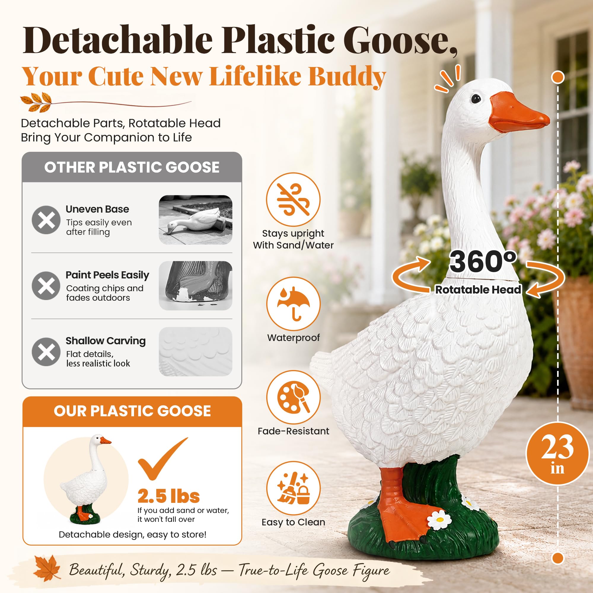 GIGALUMI Porch Goose Statue side view with 360 degree neck