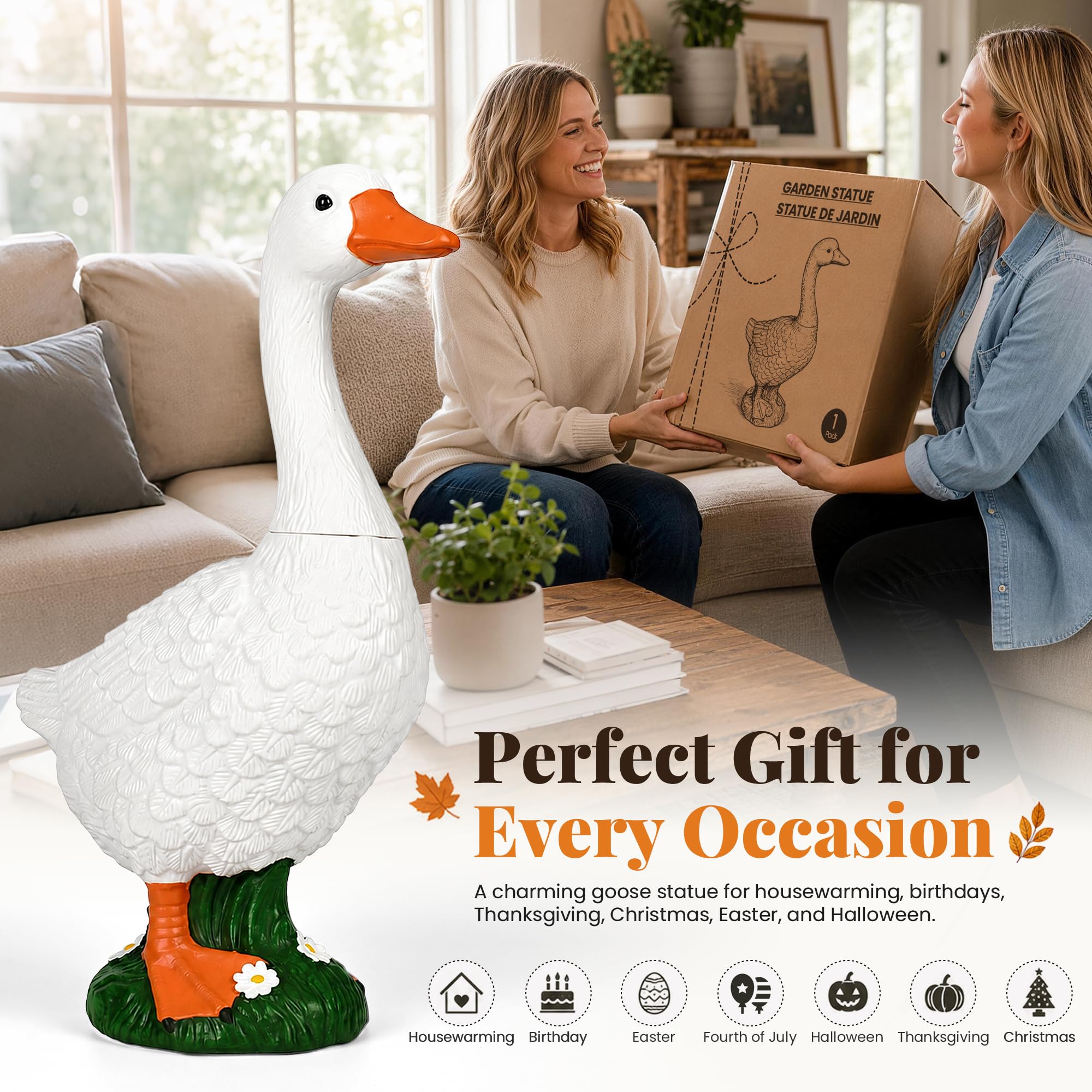 GIGALUMI Porch Goose Statue with holiday outfit