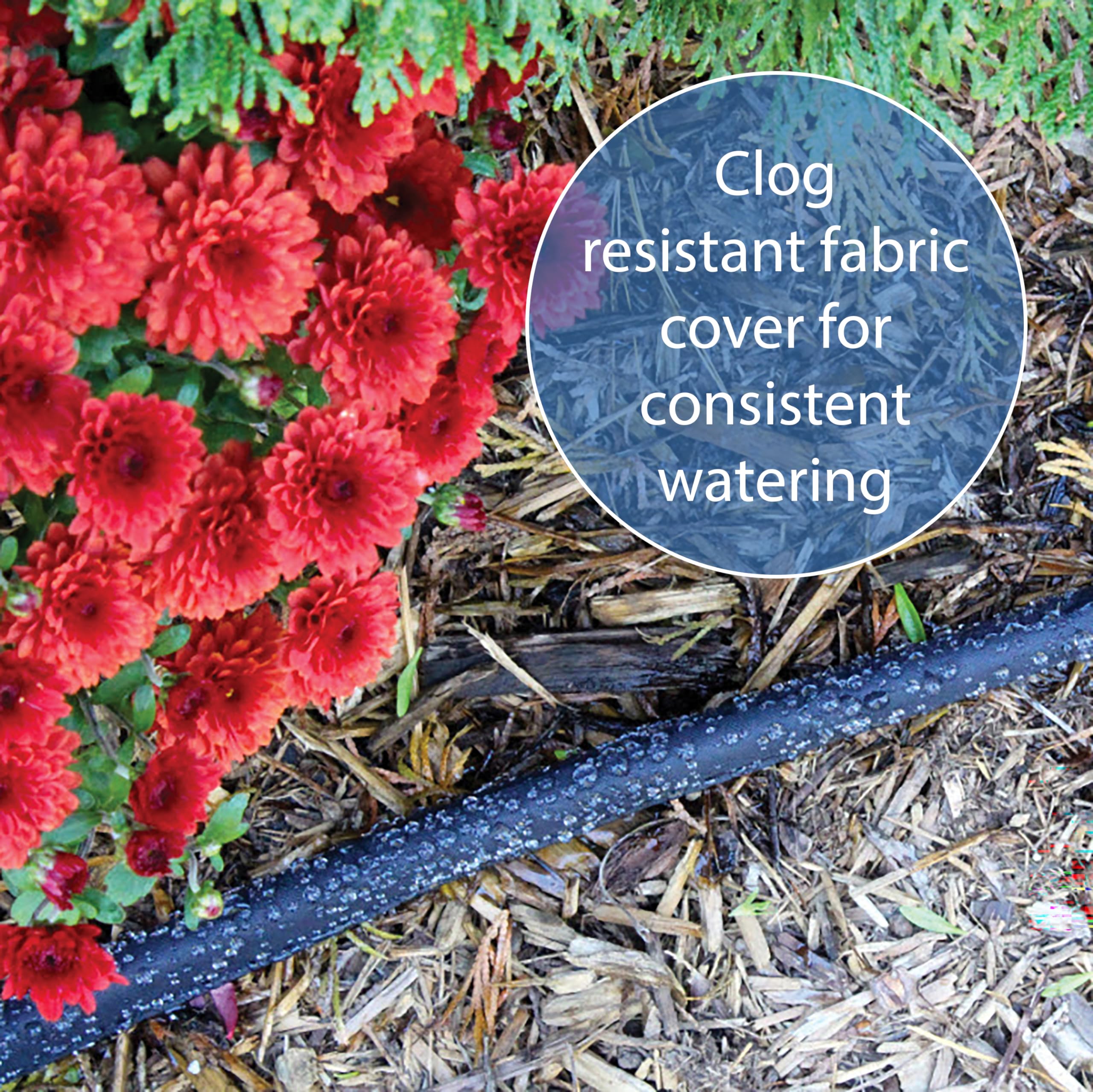 GILMOUR 50' soaker hose showing UV resistance feature