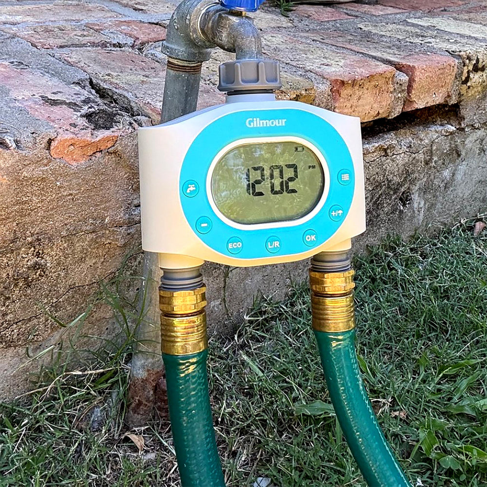 GILMOUR Dual Outlet Water Timer showing flow meter alarm feature